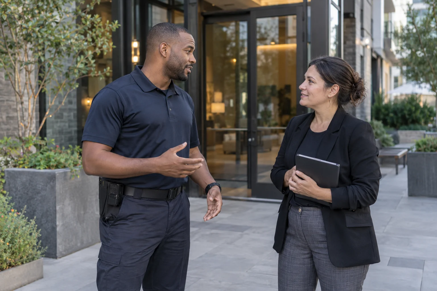 Security professional speaking with a property manager at an apartment entrance