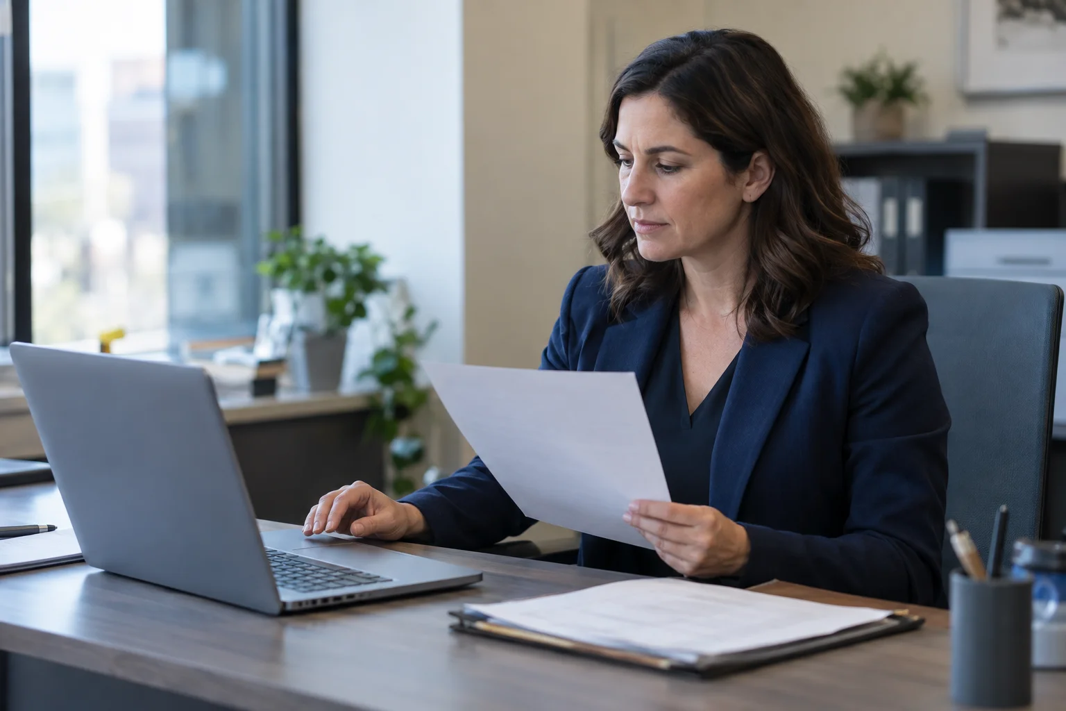 Business professional reviewing hiring documents