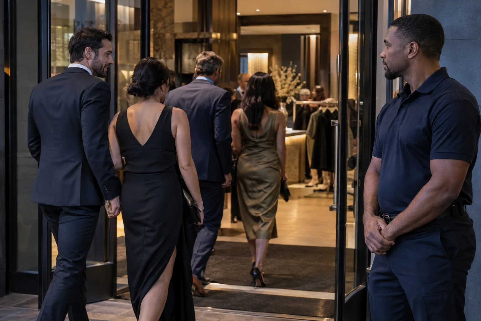 A security professional welcoming guests at an evening event
