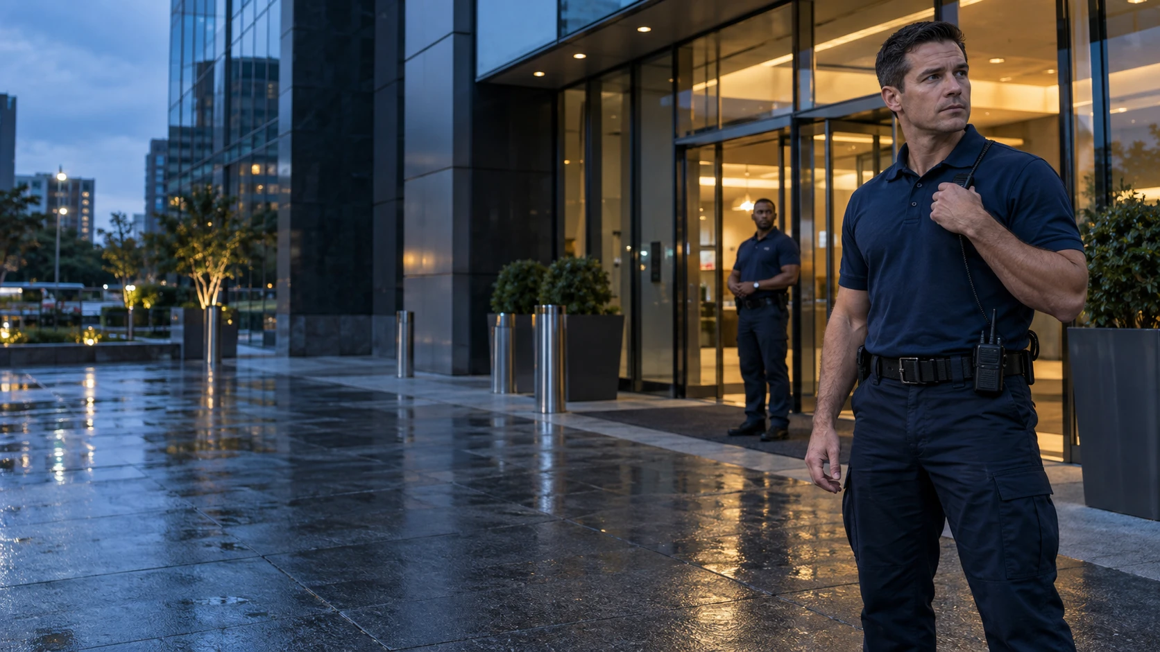 Private security professionals outside a commercial building at blue hour