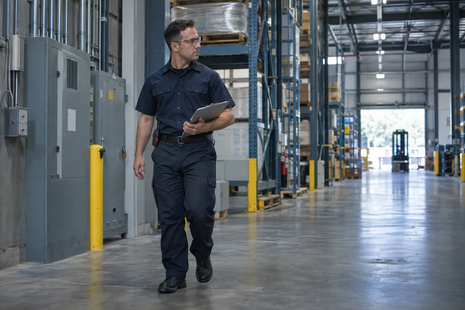 Security professional checking an industrial building