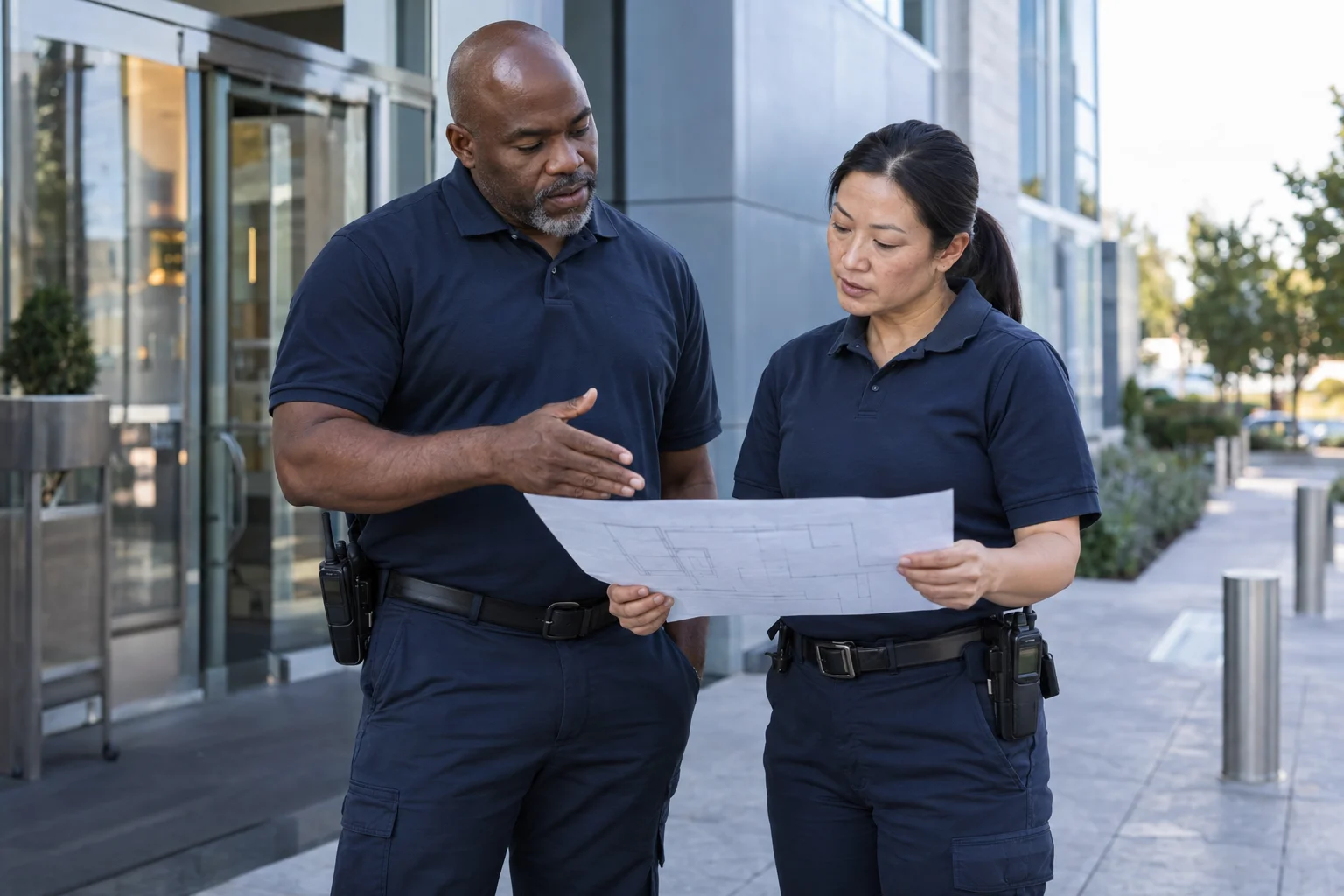 Security professionals discussing a site plan